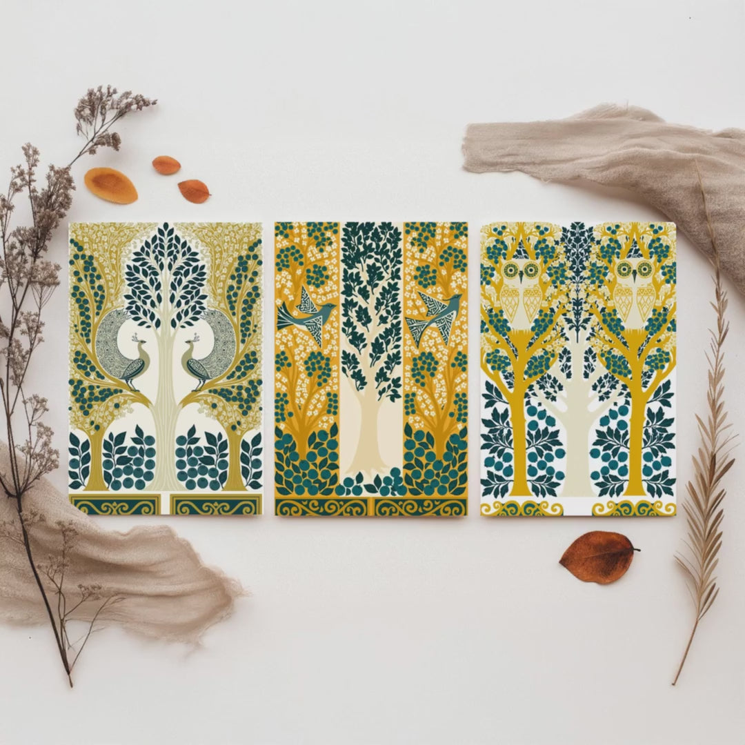 Scottish Book of the Woodlands Art Prints - Set of Three Teal & Gold Forest Posters - Peacock and Owl Paintings V9
