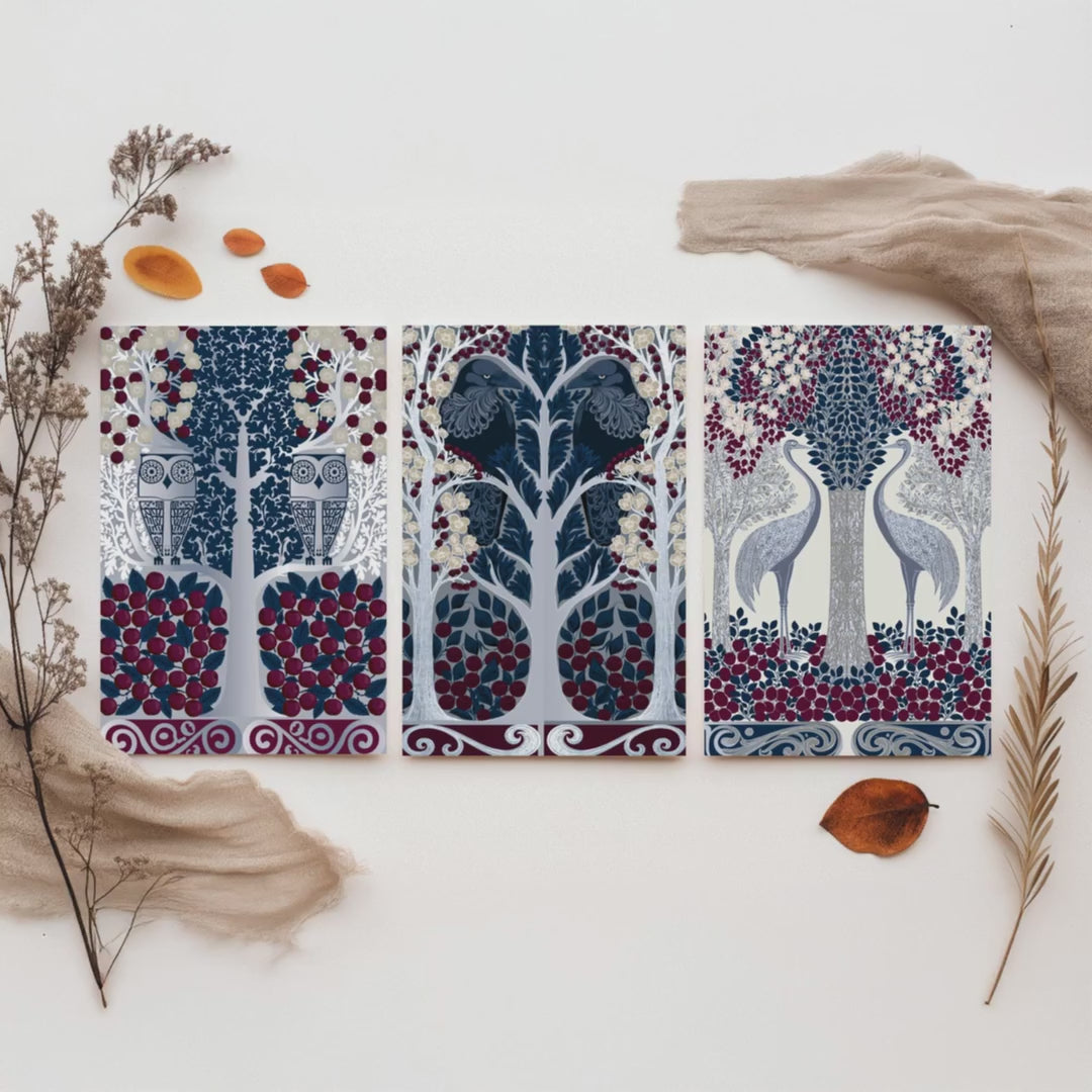 Scottish Book of the Woodlands Art Prints - Set of Three Navy & Burgundy Forest Posters - Owl and Crane Paintings V10