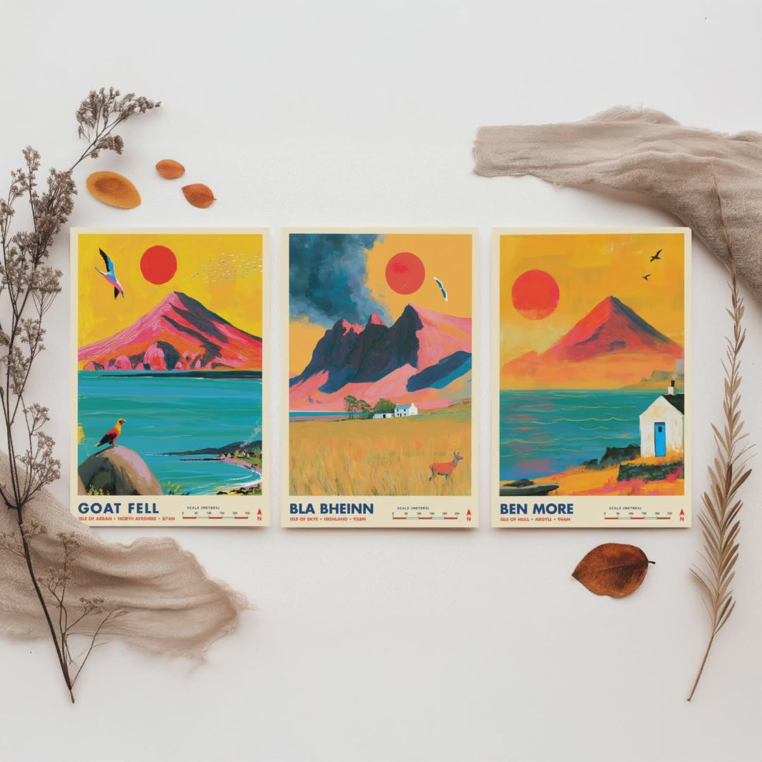 Scottish Island Peaks Set of Three Travel Posters - Goat Fell, Bla Bheinn, Ben More - Vibrant Art Print Illustration Gift