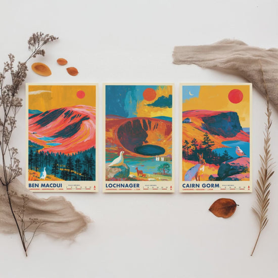 Cairngorms Set of Three Travel Posters - Ben Macdui, Lochnagar, Cairn Gorm - Vibrant Scotland Art Print Illustration Gift