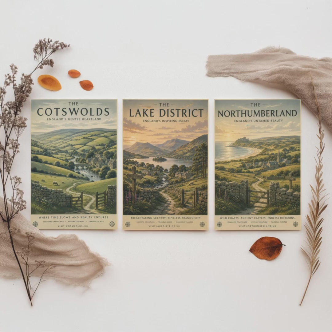 Set of Three English Countryside Travel Posters - Cotswolds, Lake District, Northumberland - Art Print Painting Gift Decor