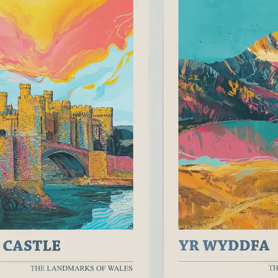 Conwy Castle, Yr Wyddfa & Menai Bridge Set of Three Colourful Art Prints - North Wales Posters 3 Welsh Painting Landmarks Visit Paintings