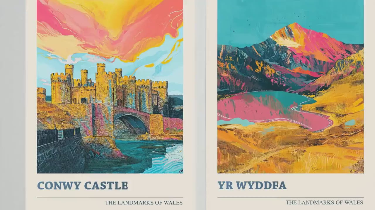 Conwy Castle, Yr Wyddfa & Menai Bridge Set of Three Colourful Art Prints - North Wales Posters 3 Welsh Painting Landmarks Visit Paintings