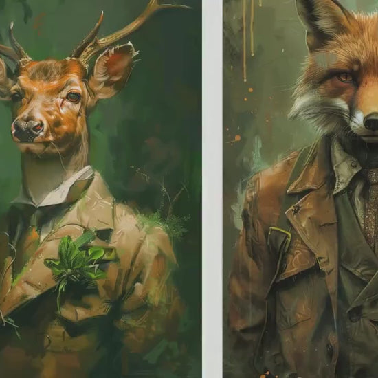 Set of Three Woodland Animals Wearing Suits Paintings - 3 Deer Fox Owl Art Prints - Photo Poster Wall Gift Giclée Décor