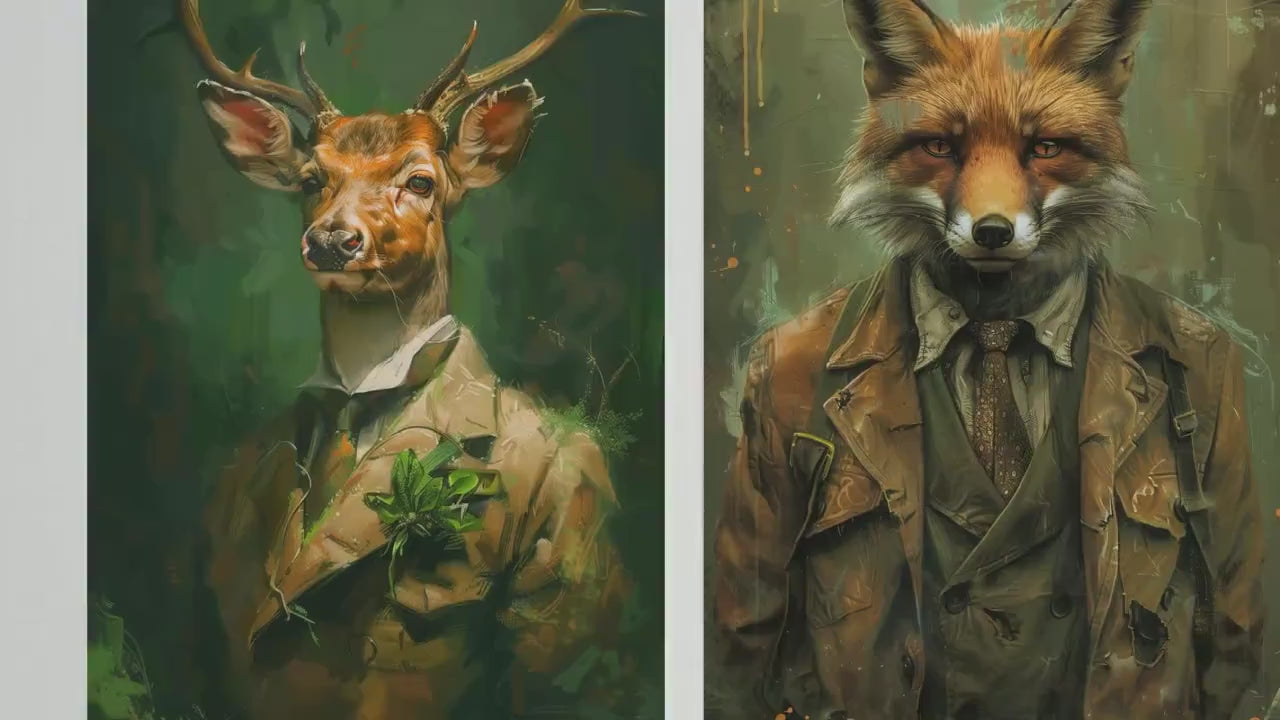 Set of Three Woodland Animals Wearing Suits Paintings - 3 Deer Fox Owl Art Prints - Photo Poster Wall Gift Giclée Décor