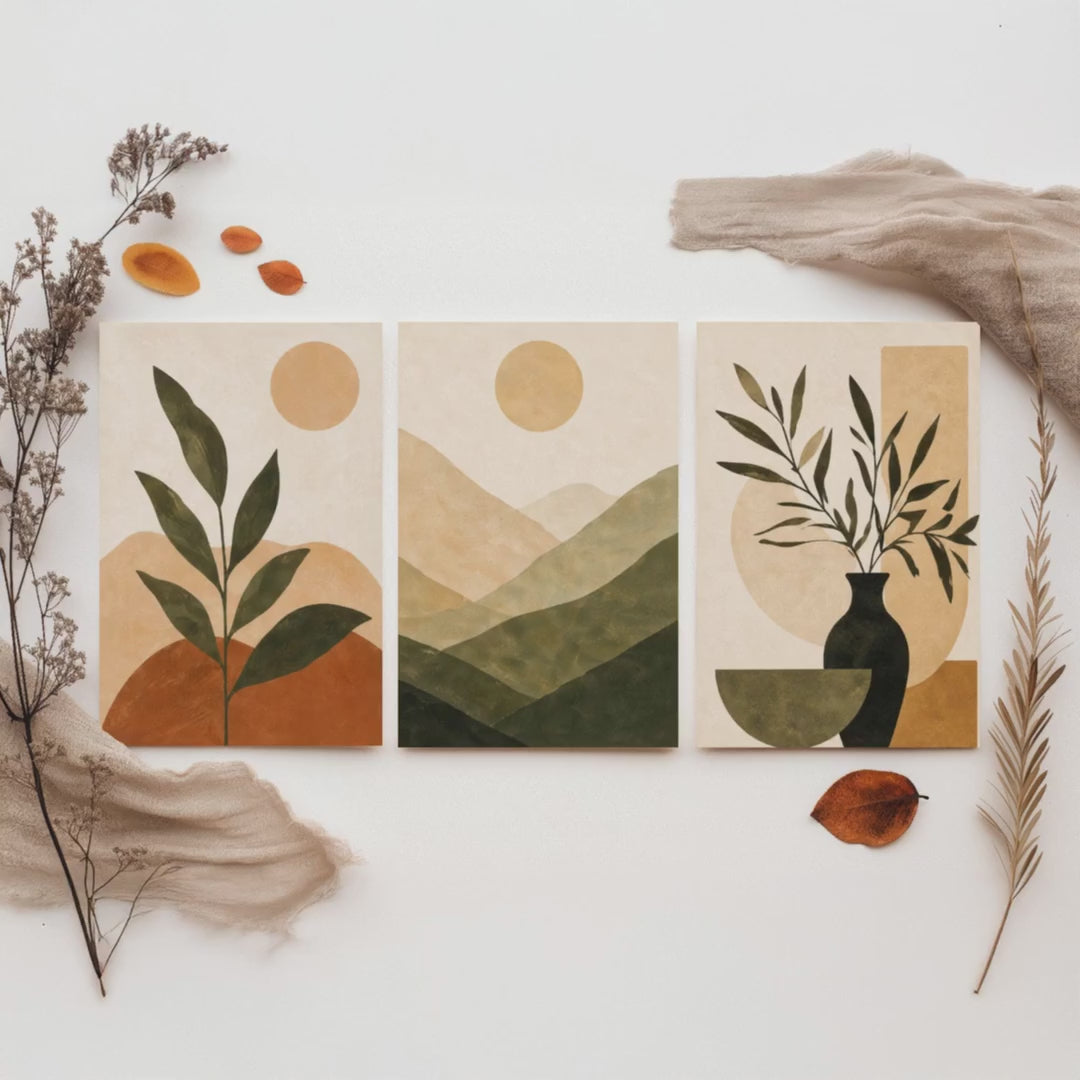 Boho Botanical Mountain & Sun Set of Three Art Print - Terracotta Sage Wall Art - Plant Vase Painting, Earthy Poster V1