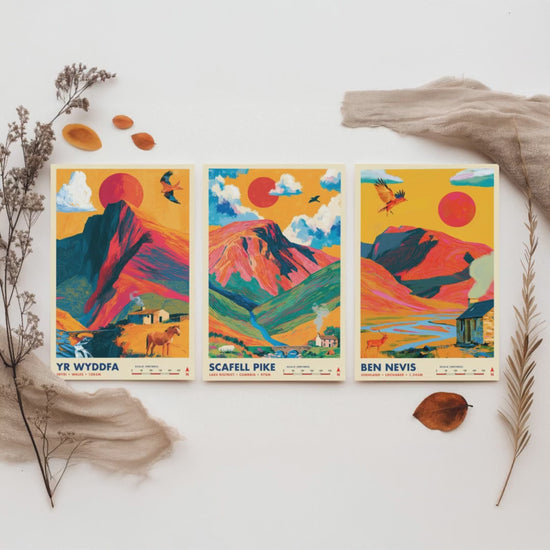 Britain's Highest Peaks Set of Three Travel Posters - Yr Wyddfa, Scafell Pike, Ben Nevis - Vibrant Art Print Illustration Gift