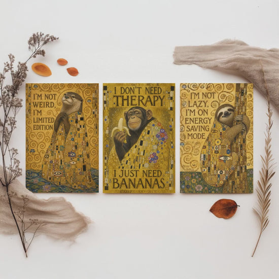 Klimt Animal Quotes Set of Three Art Prints - Otter, Chimp, Sloth - Funny Gold Poster Wall Art Gift Painting Humour Decor