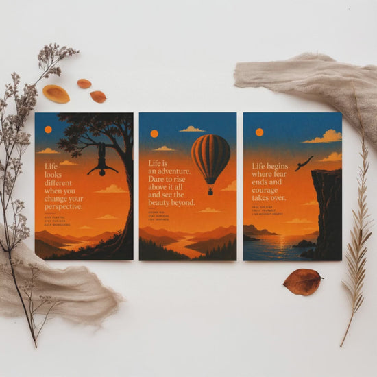 Sunset Adventure Quotes Set of Three Art Prints - Inspirational Wall Art - Motivational Poster Illustration Gift Decor V1