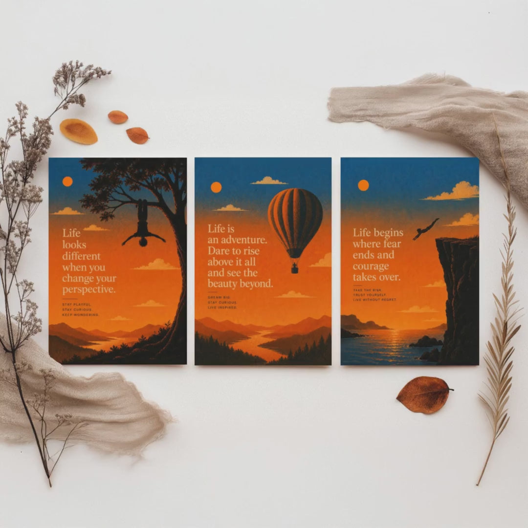 Sunset Adventure Quotes Set of Three Art Prints - Inspirational Wall Art - Motivational Poster Illustration Gift Decor V1