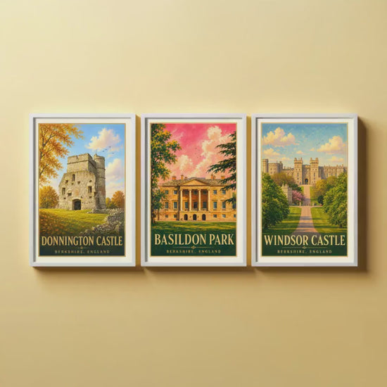 Berkshire England Set of Three Prints | Donnington Castle Basildon Park Windsor Castle | Vintage Travel Poster Wall Art