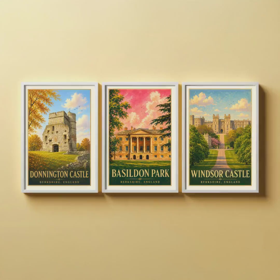 Berkshire England Set of Three Prints | Donnington Castle Basildon Park Windsor Castle | Vintage Travel Poster Wall Art