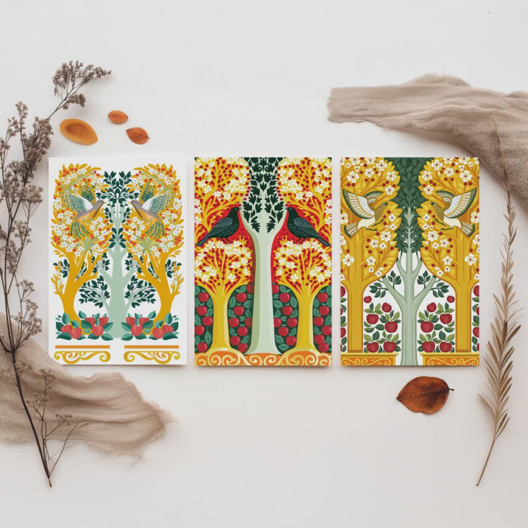 Scottish Book of the Woodlands Art Prints - Set of Three Gold & Red Forest Posters - Woodpecker and Dove Paintings V14