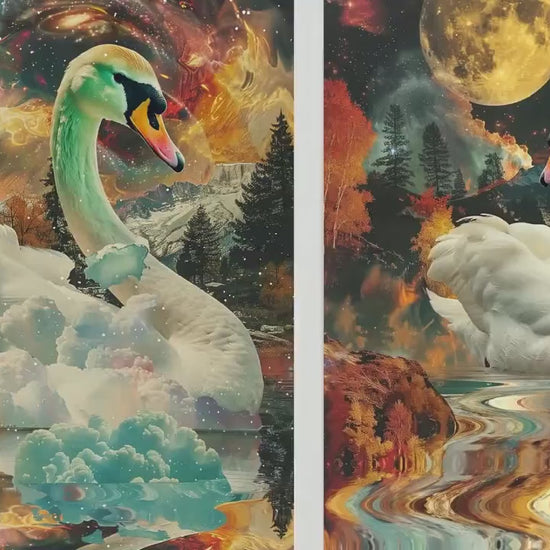 Set of Three Swan Art Prints - Double Exposure Wildlife Posters - Animal Photo Painting Artistic Nature Woodland White Lake Bird