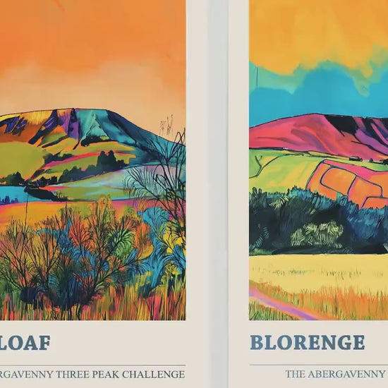 The Abergavenny Three Peaks Challenge - Set of Three Art Prints - 3 Posters - Sugar Loaf, Skirrid & Blorenge Mountain Painting Orange Jet