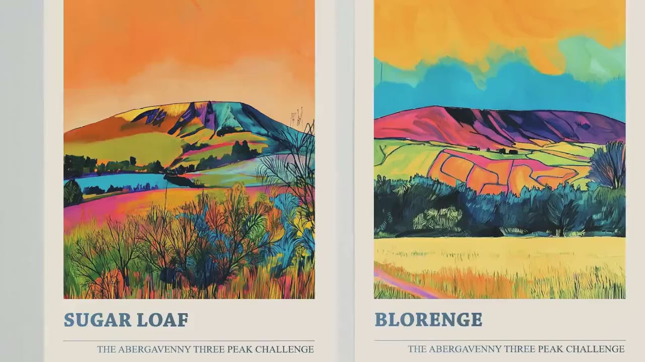 The Abergavenny Three Peaks Challenge - Set of Three Art Prints - 3 Posters - Sugar Loaf, Skirrid & Blorenge Mountain Painting Orange Jet