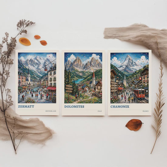 Alpine Peaks of Europe Set of Three Travel Posters - Zermatt, Dolomites, Chamonix - 3 Art Prints Painting Gift Switzerland Italy France