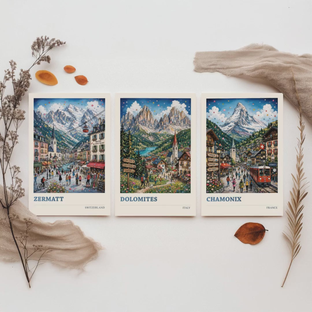 Alpine Peaks of Europe Set of Three Travel Posters - Zermatt, Dolomites, Chamonix - 3 Art Prints Painting Gift Switzerland Italy France
