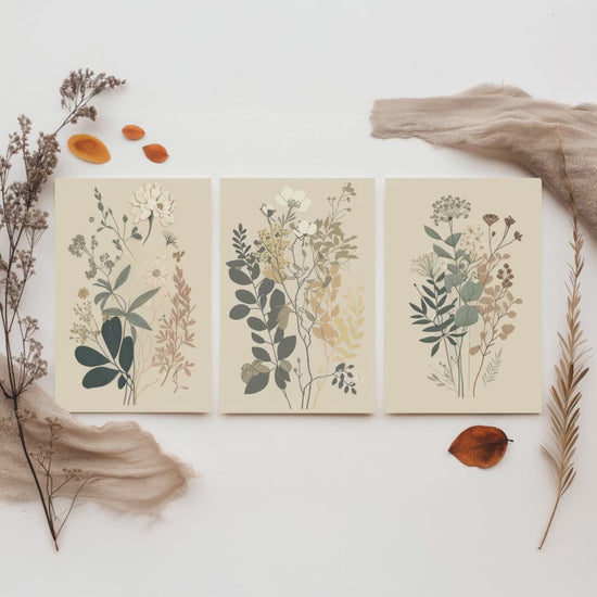 Vintage Botanical Wildflower Set of Three Art Print - Pressed Flower Illustration - Sage Floral Poster, Cottage Wall Art