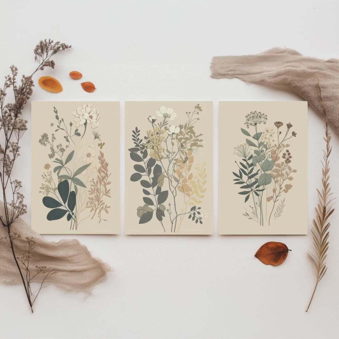 Vintage Botanical Wildflower Set of Three Art Print - Pressed Flower Illustration - Sage Floral Poster, Cottage Wall Art
