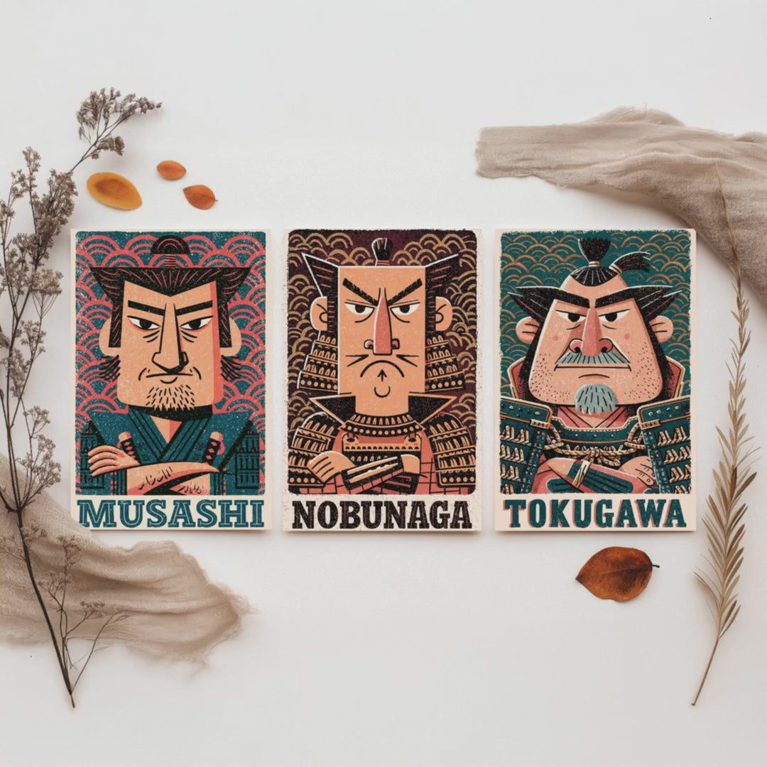 Feudal Japan Samurai Set of Three Art Prints - Musashi, Nobunaga, Tokugawa - History Poster Wall Art Gift Illustration Decor
