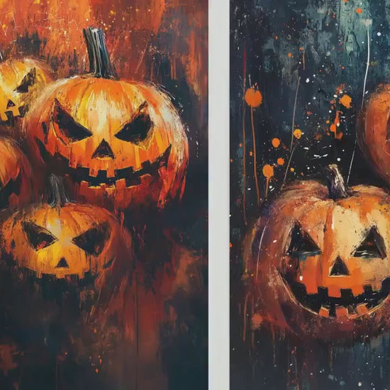 Halloween Pumpkin Brush Strokes Set of Three Paintings - 3 Orange Carved Spooky Art Prints - Poster Wall Gift Giclée Holiday Décor