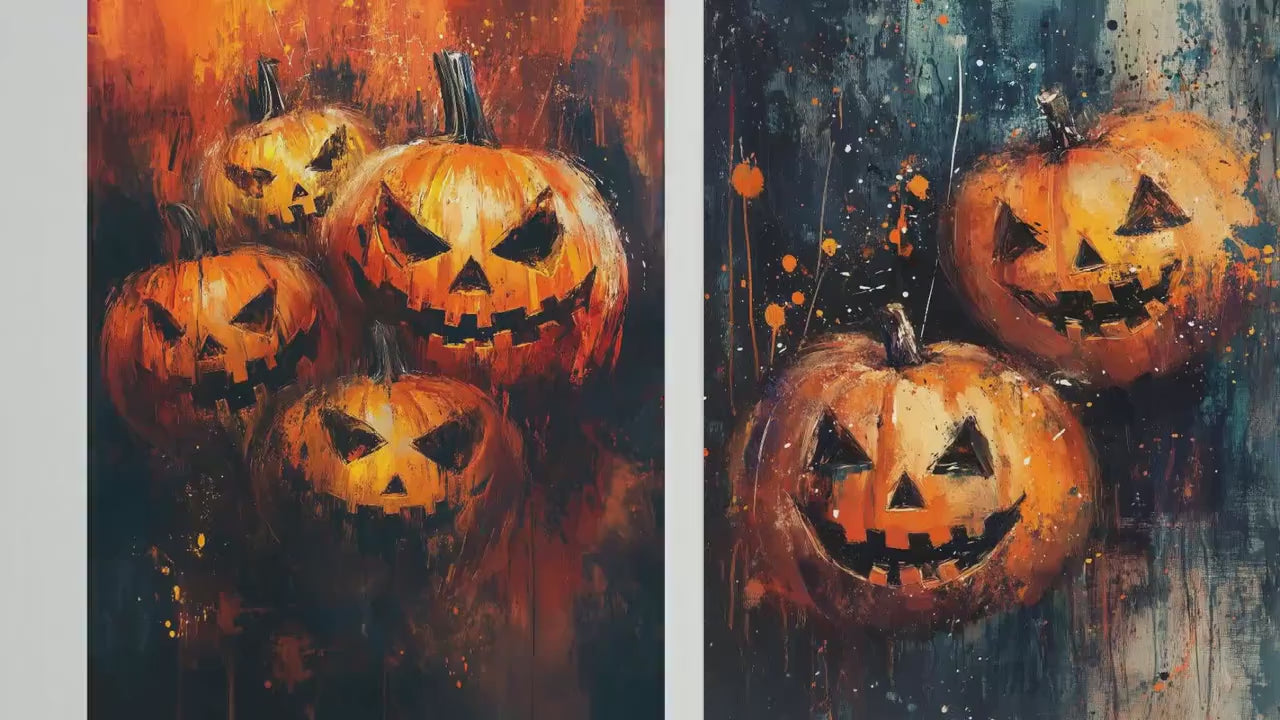 Halloween Pumpkin Brush Strokes Set of Three Paintings - 3 Orange Carved Spooky Art Prints - Poster Wall Gift Giclée Holiday Décor