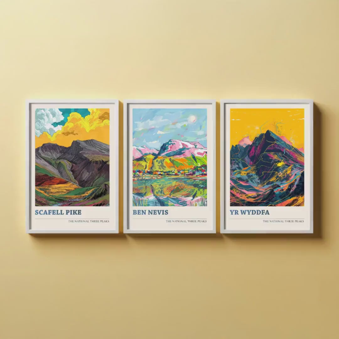 The National Three Peaks Art Print - Set of Three Mountain Posters - Scafell Pike, Ben Nevis, Yr Wyddfa (Snowdon) Paintings - Hiking Gift