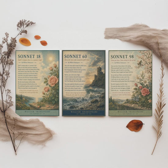 Shakespeare Sonnets Set of Three Art Prints - Sonnet 18, 60 & 98 - Literary Poster Wall Art Gift Illustration Love Poem Decor