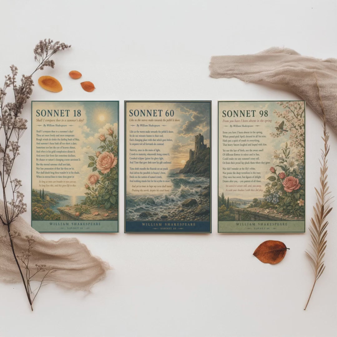 Shakespeare Sonnets Set of Three Art Prints - Sonnet 18, 60 & 98 - Literary Poster Wall Art Gift Illustration Love Poem Decor