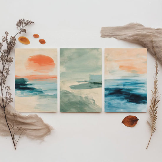 Abstract Seascape Set of Three Art Prints - Peach & Mint Ocean Wall Art - Coastal Poster Painting Gift Calm Beach Decor