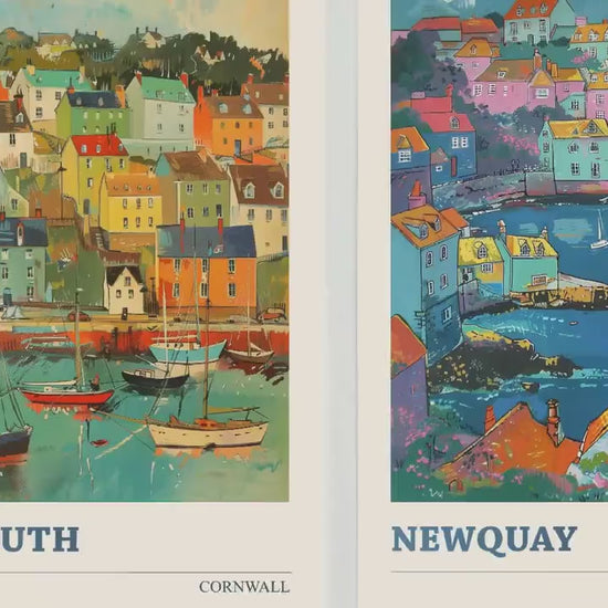 Set of Three Cornwall Travel Posters - Falmouth, Newquay, St Ives - 3 Modern Art Prints - Photo Painting Illustration Gift Visit Map V6