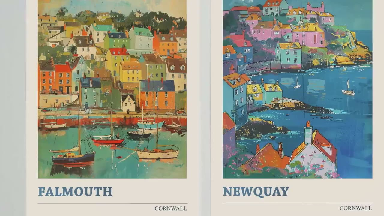 Set of Three Cornwall Travel Posters - Falmouth, Newquay, St Ives - 3 Modern Art Prints - Photo Painting Illustration Gift Visit Map V6