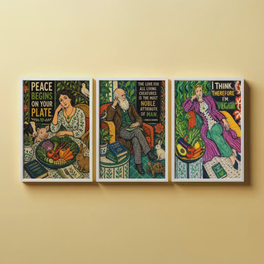Vegan Quote Set of Three Prints | Peace Begins On Your Plate Darwin I Think Therefore I'm Vegan | Folk Art Wall Art Poster