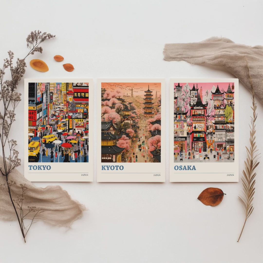 Japan Set of Three Travel Posters - Tokyo, Kyoto, Osaka - Vibrant Japanese Art Print Illustration Gift Cherry Blossom Painting