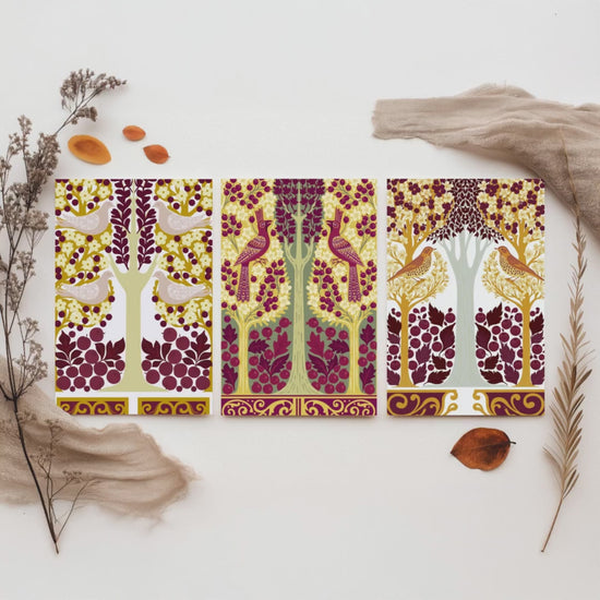 Scottish Book of the Woodlands Art Prints - Set of Three Mustard & Plum Forest Posters - Pheasant and Dove Paintings V15