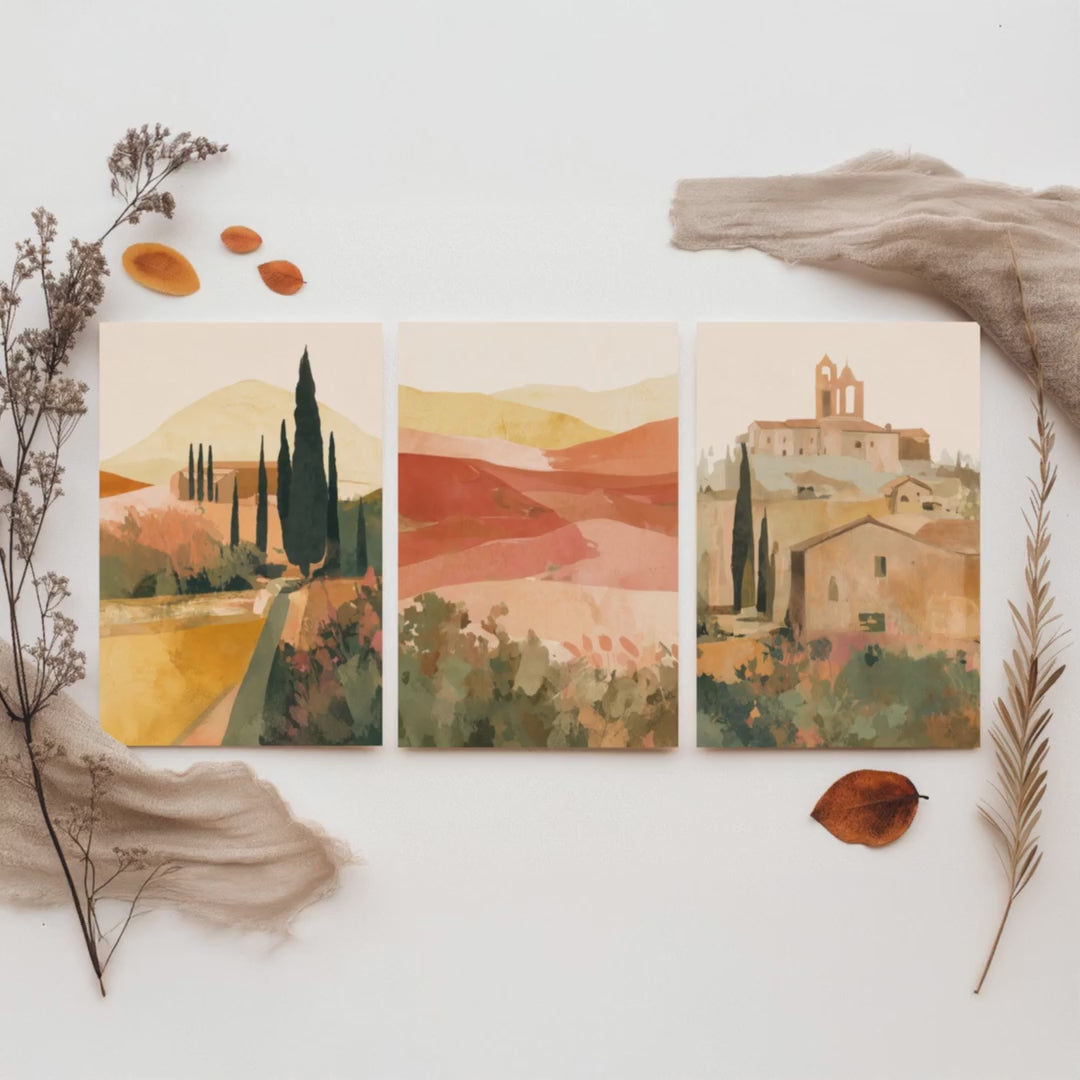Tuscany Countryside Set of Three Art Prints - Italian Village & Cypress Hills - Boho Landscape Poster Painting Gift Decor V1