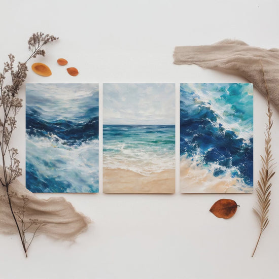 Ocean Wave Set of Three Art Prints - 3 Blue Teal Coastal Seascapes - Abstract Beach Poster Illustration Sea Wall Art V2