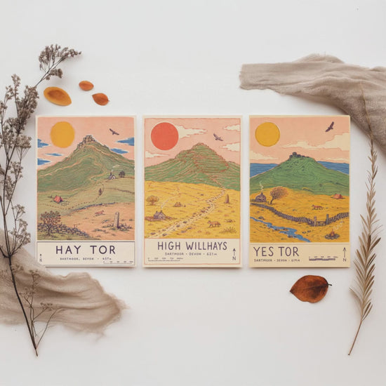 Dartmoor Set of Three Travel Posters - Hay Tor, High Willhays, Yes Tor - Devon Art Print Illustration Gift Hiking Decor
