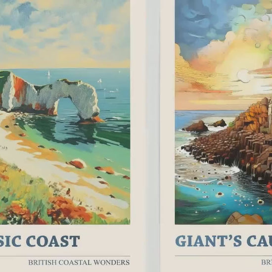 British Coastal Wonders Set of Three Vibrant Art Prints - Jurassic Coast, Giant's Causeway, White Cliffs of Dover - 3 Posters Painting