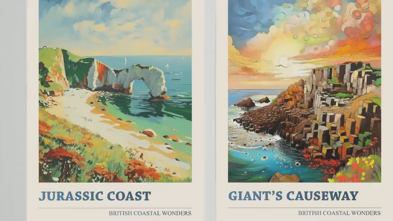 British Coastal Wonders Set of Three Vibrant Art Prints - Jurassic Coast, Giant's Causeway, White Cliffs of Dover - 3 Posters Painting