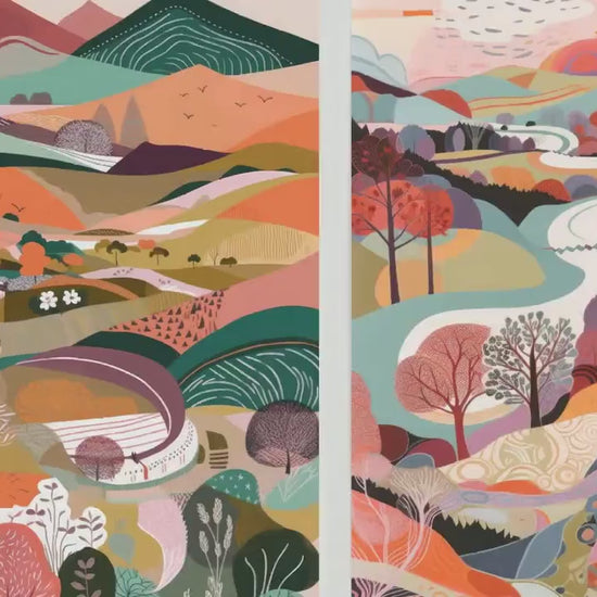 Landscape Illustrations in Pink - Set of Three Abstract Prints - Brecon Beacons Poster, Wales Art, Welsh Painting - Home Décor Wall Giclee