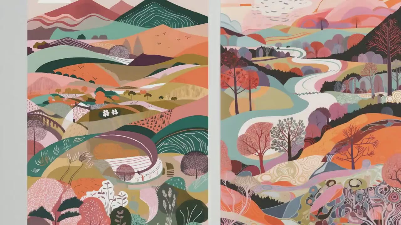 Landscape Illustrations in Pink - Set of Three Abstract Prints - Brecon Beacons Poster, Wales Art, Welsh Painting - Home Décor Wall Giclee