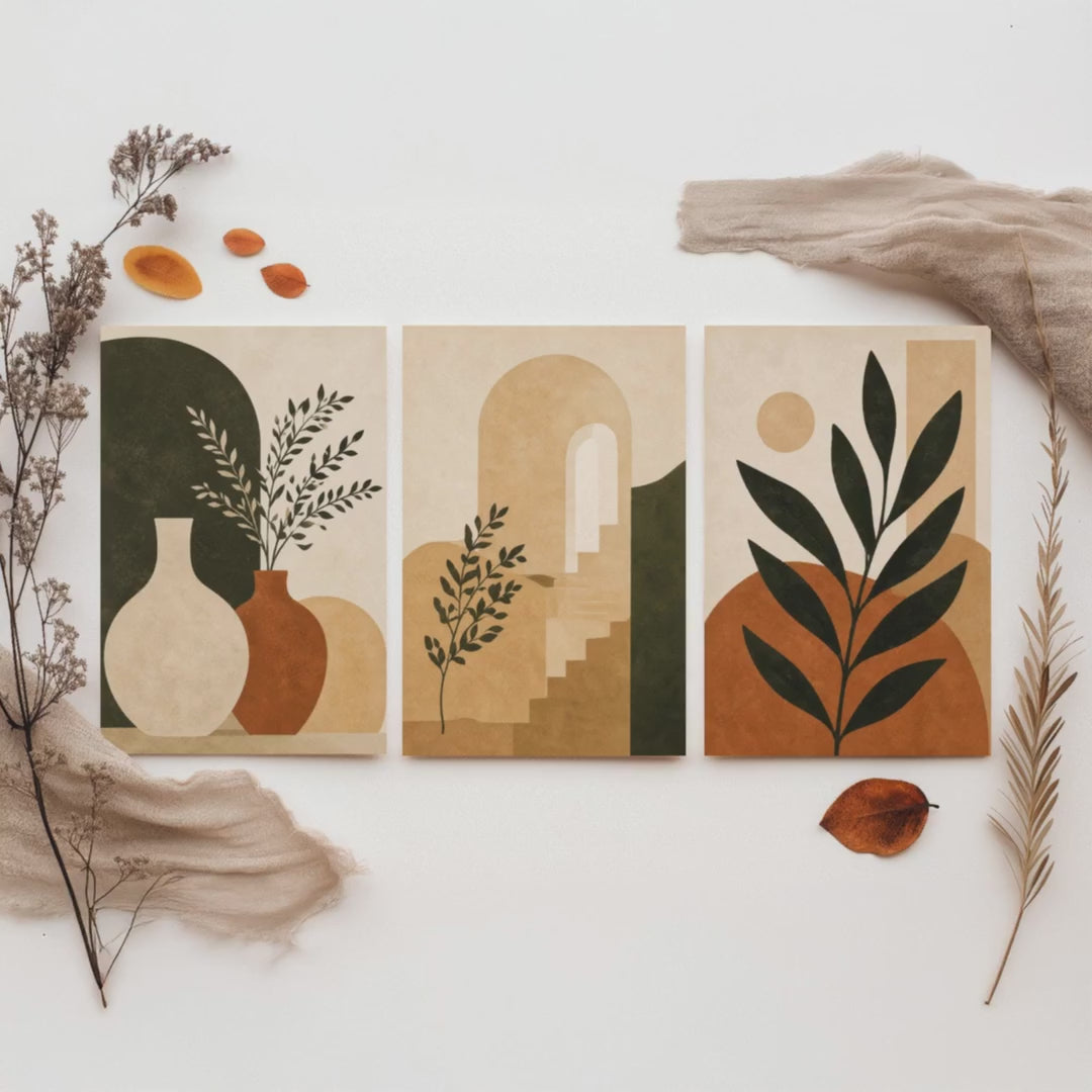 Set of Three Boho Botanical Art Print - Terracotta Arch & Vase Wall Art - Olive Plant Poster, Mediterranean Painting V2
