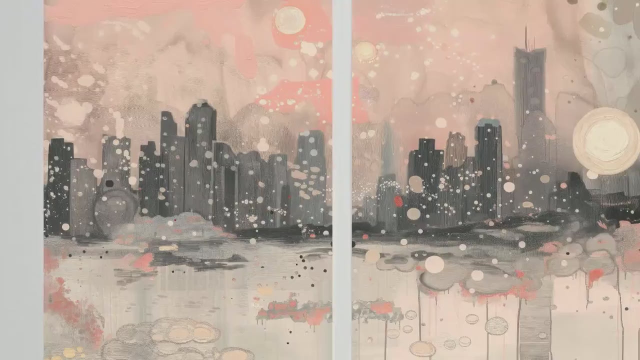 Chicago, Illinois, United States - Beautiful Set of Three Art Prints - Unique Triptych Posters - Pink & Grey Décor - Abstract Painting USA