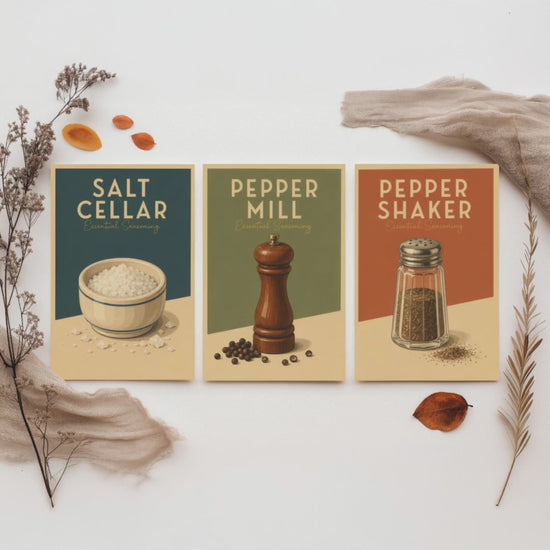 Vintage Seasoning Set of Three Kitchen Art Prints - Salt Cellar, Pepper Mill, Pepper Shaker - Retro Poster Illustration Gift