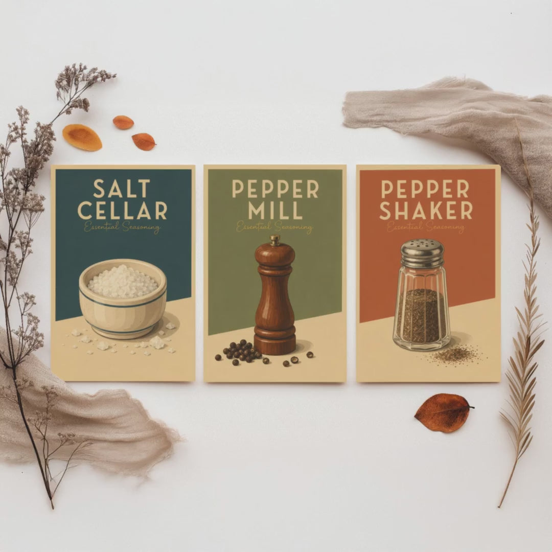 Vintage Seasoning Set of Three Kitchen Art Prints - Salt Cellar, Pepper Mill, Pepper Shaker - Retro Poster Illustration Gift