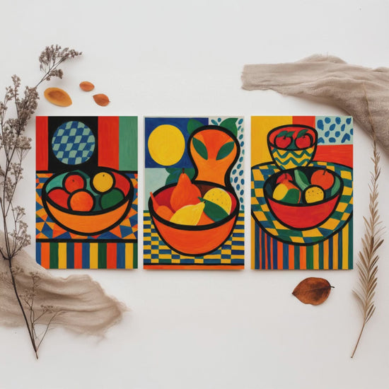 Neo Fauvist Fruit Bowls Set of Three Art Prints - Bold Still Life Kitchen Wall Art - Colourful Poster Painting Gift Decor