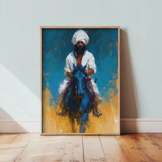 Nihang Sikh Warrior Art Print - Horseback Painting - Punjabi Sikh Poster V1