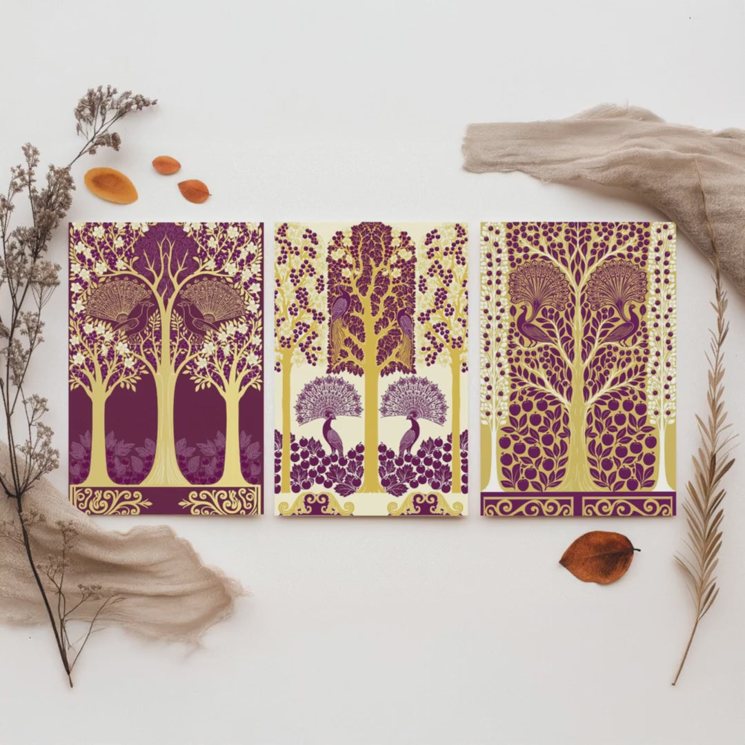 Scottish Book of the Woodlands Art Prints - Set of Three Plum & Gold Forest Posters - Peacock Paintings V5